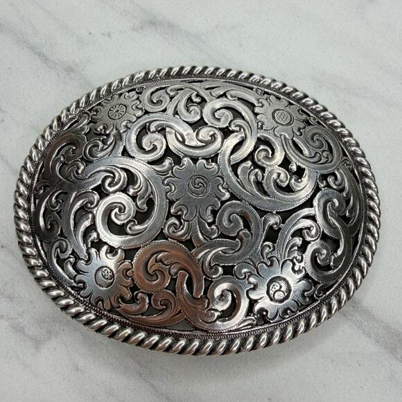 Silver Tone Oval Floral Scroll Belt Buckle Rope Edge Western Style ✨ - Picture 1 of 8